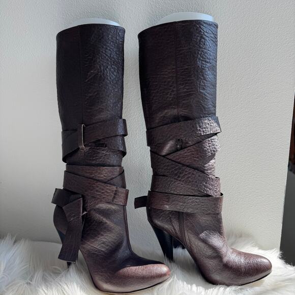 BCBGMAXAZARIA Brown Pebbled Chestnut Leather Wrap Knee High Boots Sz8/38EU - Picture 1 of 13